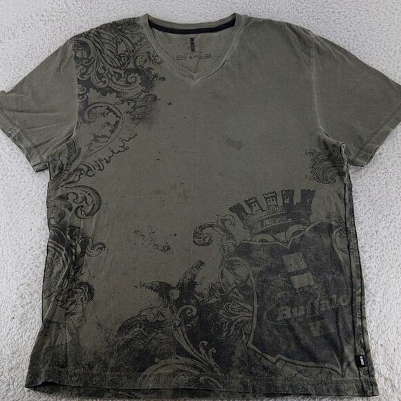 Y2k Buffalo Jeans Shirt XL Gray Graphic Crest Scroll Design Short Sleeve Cotton - Picture 1 of 6